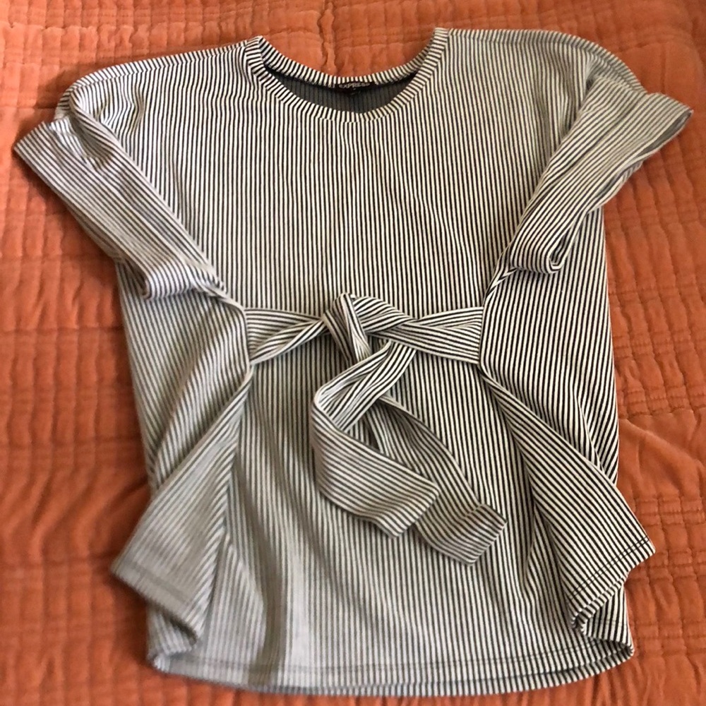 Black & white striped blouse with belted from or back